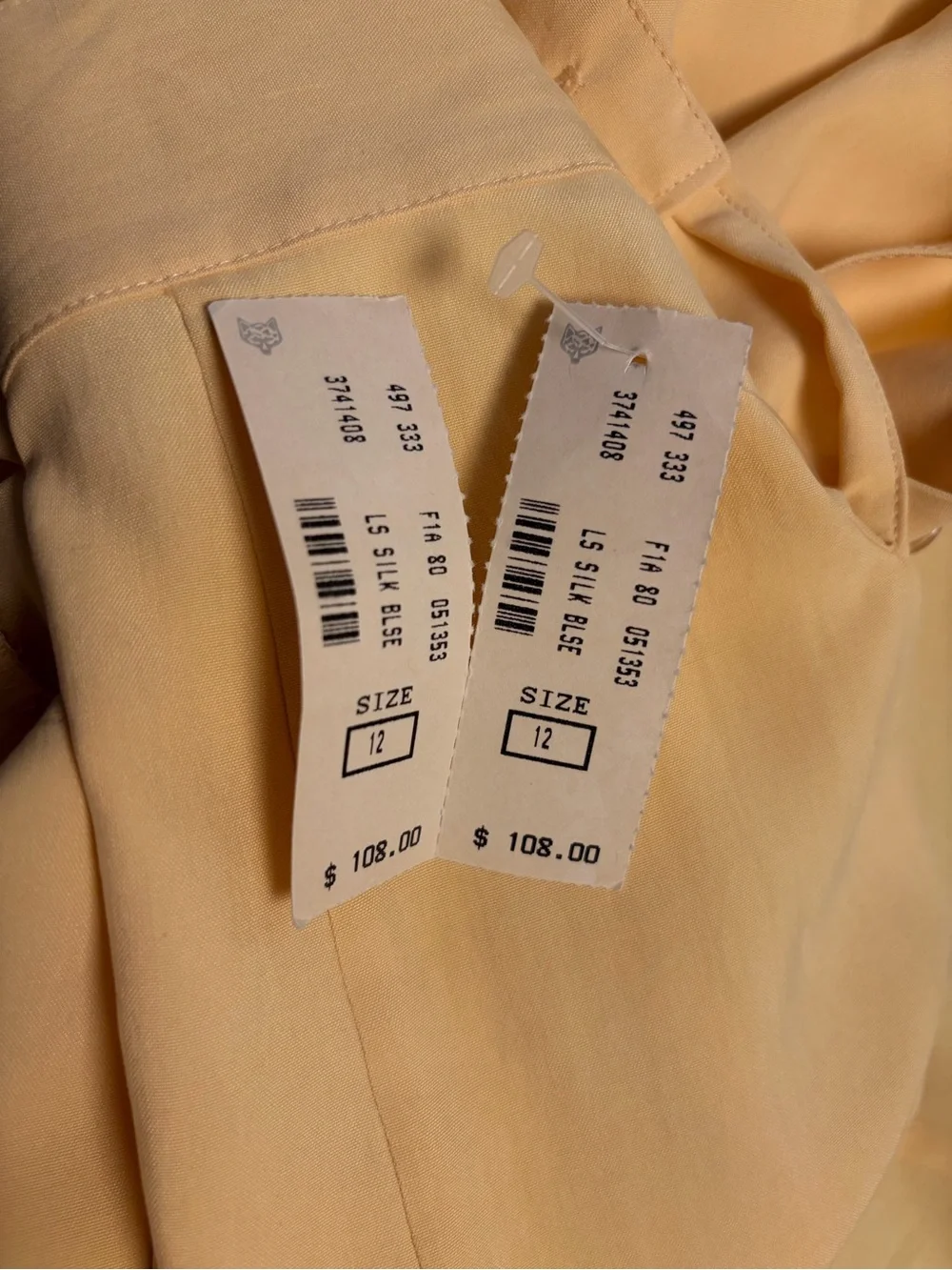 Pristine Deadstock 1990s Alex New York Butter Yellow 100% Silk Blouse Size 12
